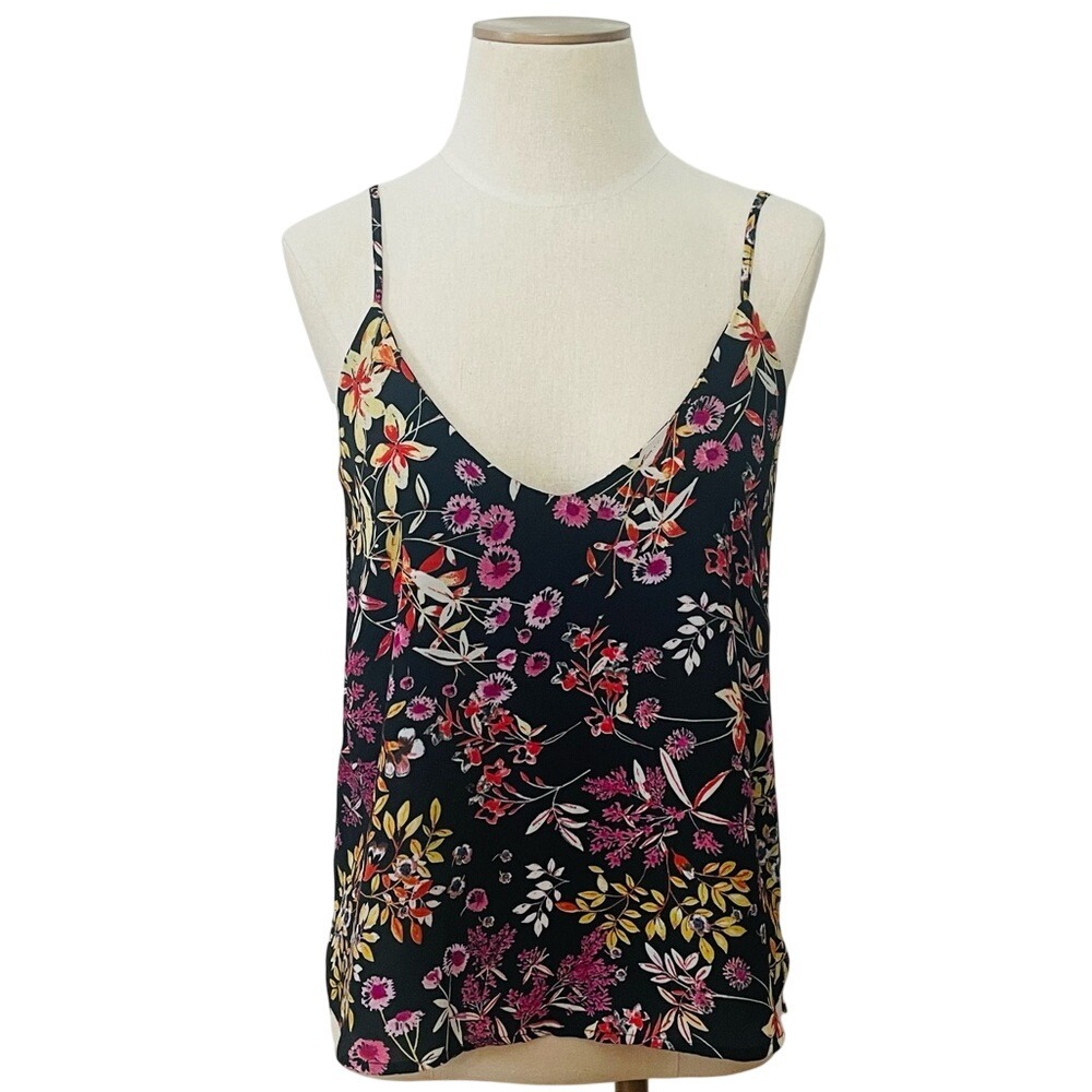 Lily White Floral V-Neck Cami Tank Top Black Pink Orange Small Sleeveless Blouse